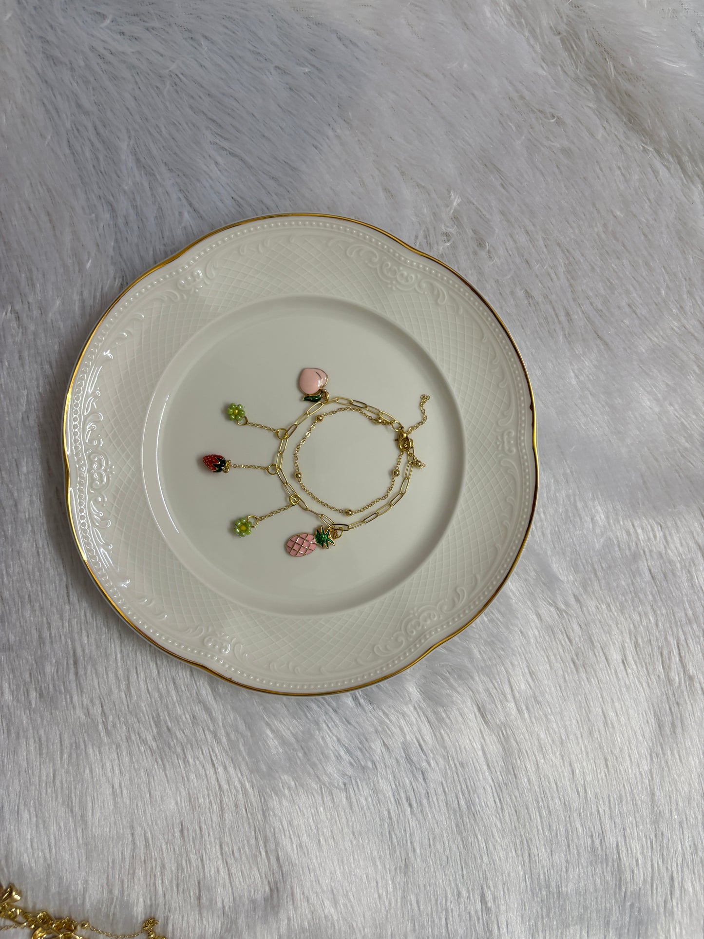 Anti-Tarnish Golden Strawberry & Floral Charm Chain Bracelet | Cute Fruit Jewellery for Girls – Ridhapearls