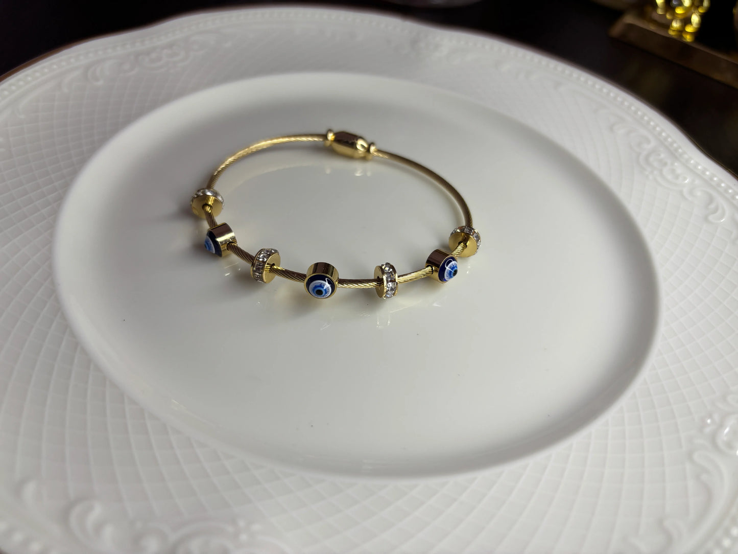 Ridhapearls Evil Eye Anti-Tarnish Bracelet – Adjustable Gold-Tone Protection Bracelet