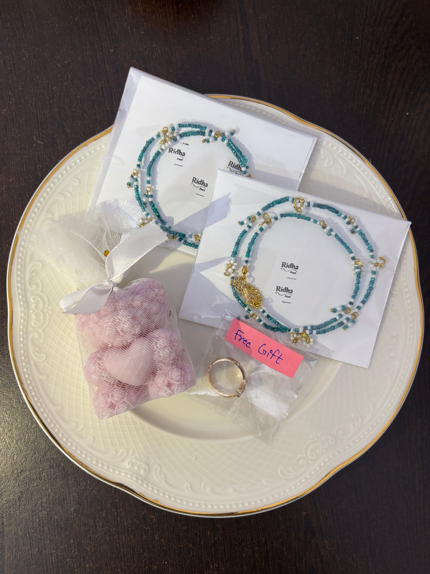 Blue beads necklace and bracelet set with teddy candle gift hamper for women