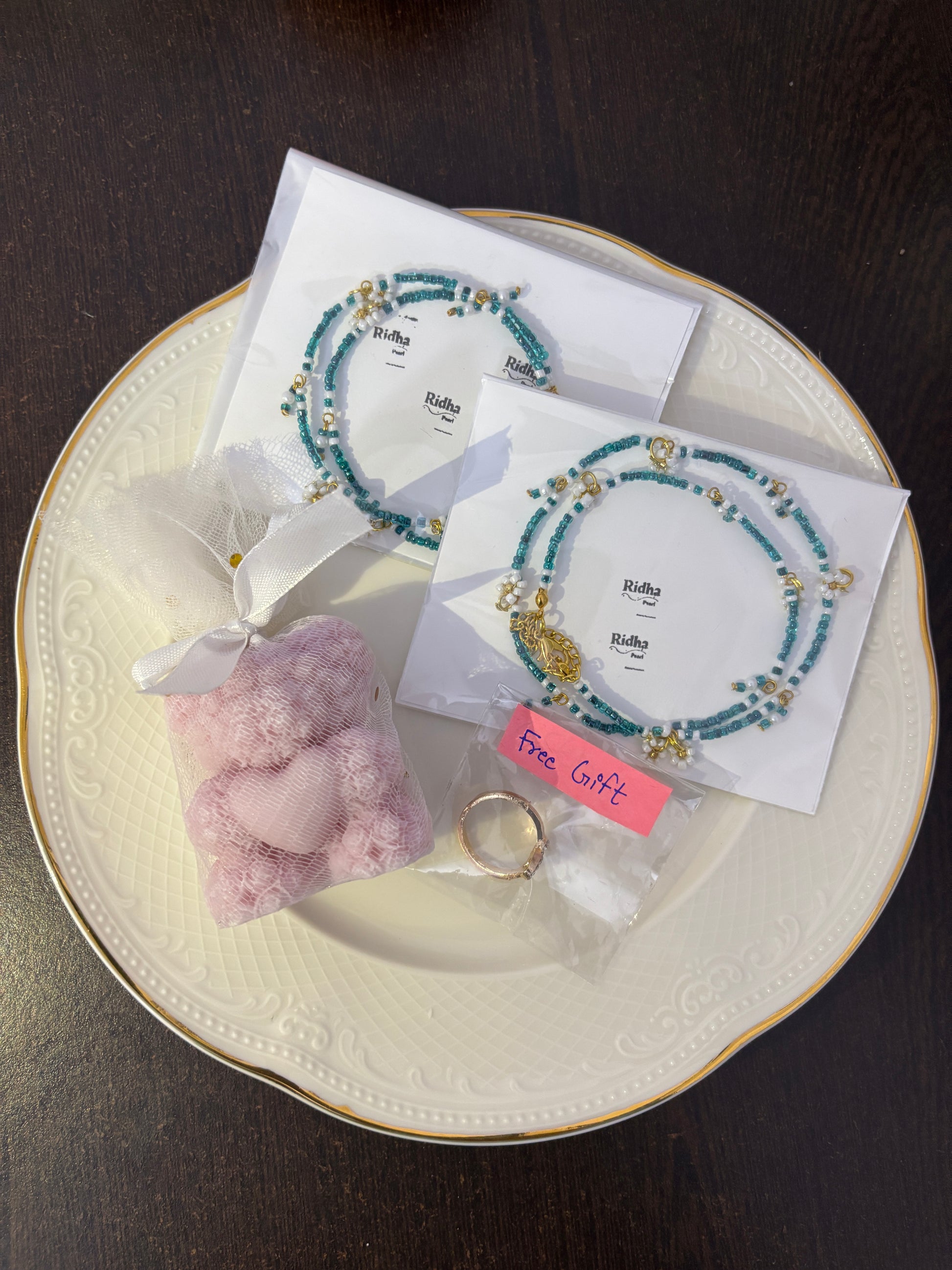 Blue beads necklace and bracelet set with teddy candle gift hamper for women