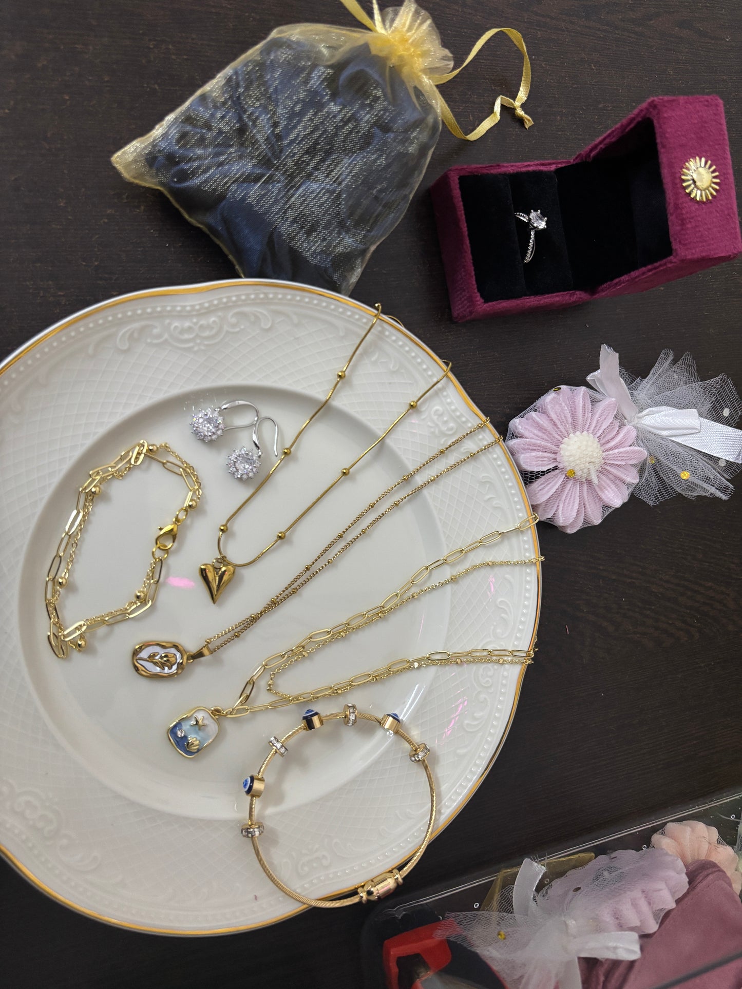 Gold plated necklace bracelet and ring gift hamper
