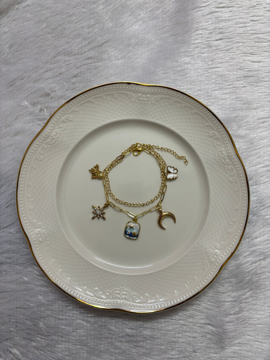 Anti-Tarnish Golden Blue Beach & Moon Charm Bracelet | Waterproof Aesthetic Jewellery for Girls