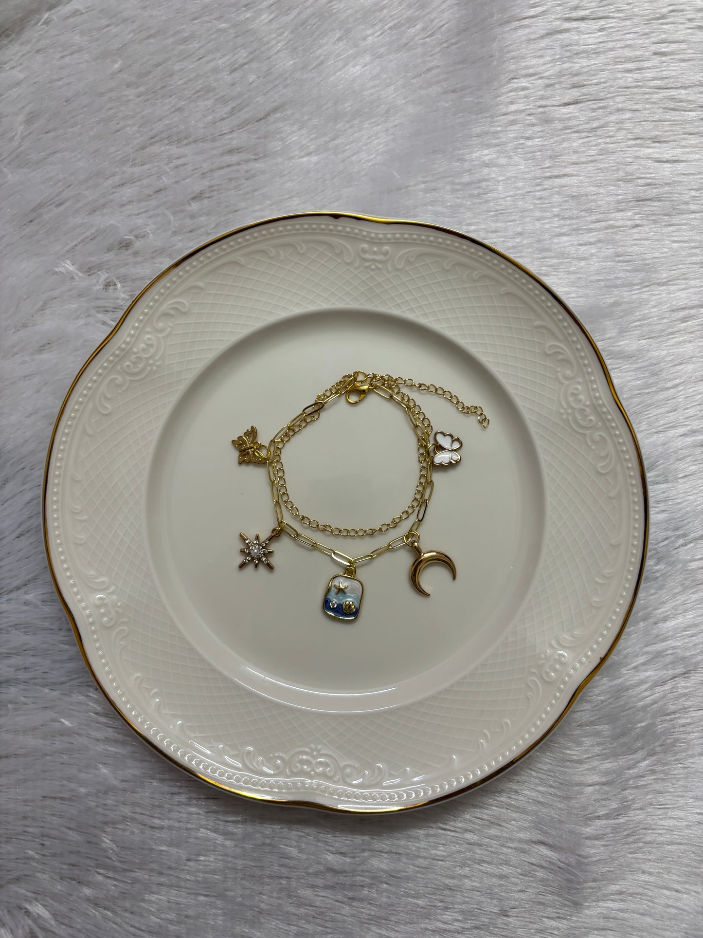 Anti-Tarnish Golden Blue Beach & Moon Charm Bracelet | Waterproof Aesthetic Jewellery for Girls