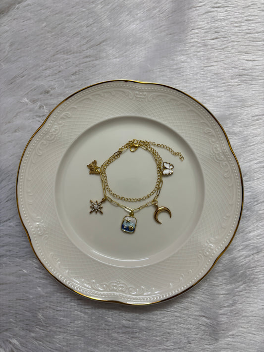 Anti-Tarnish Golden Blue Beach & Moon Charm Bracelet | Waterproof Aesthetic Jewellery for Girls