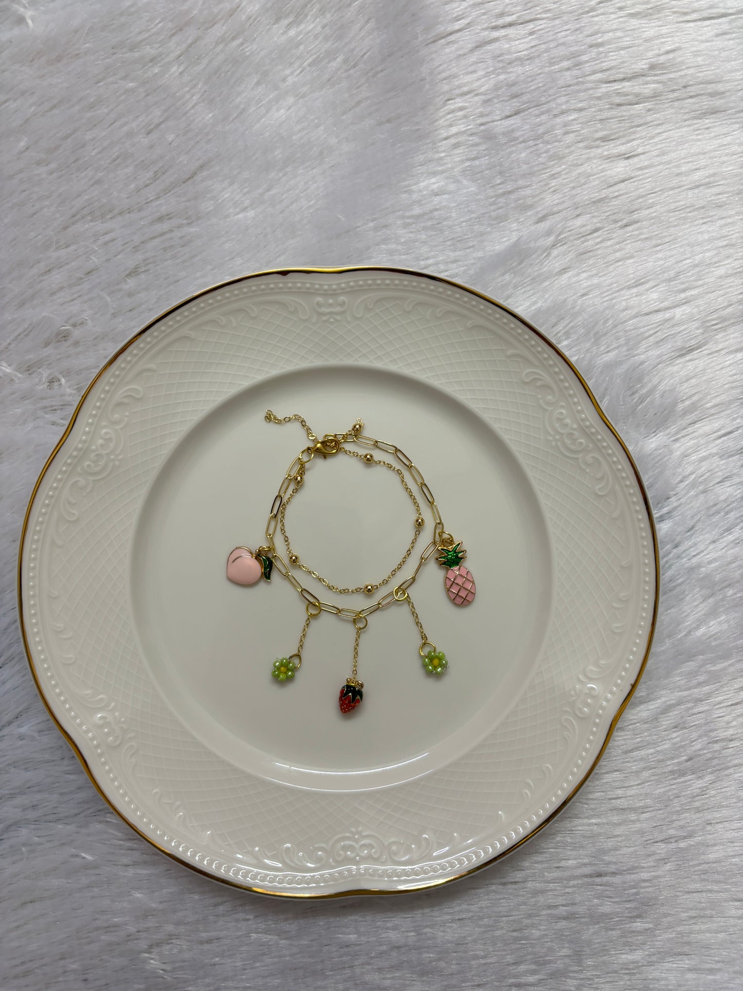 Anti-Tarnish Golden Strawberry & Floral Charm Chain Bracelet | Cute Fruit Jewellery for Girls – Ridhapearls
