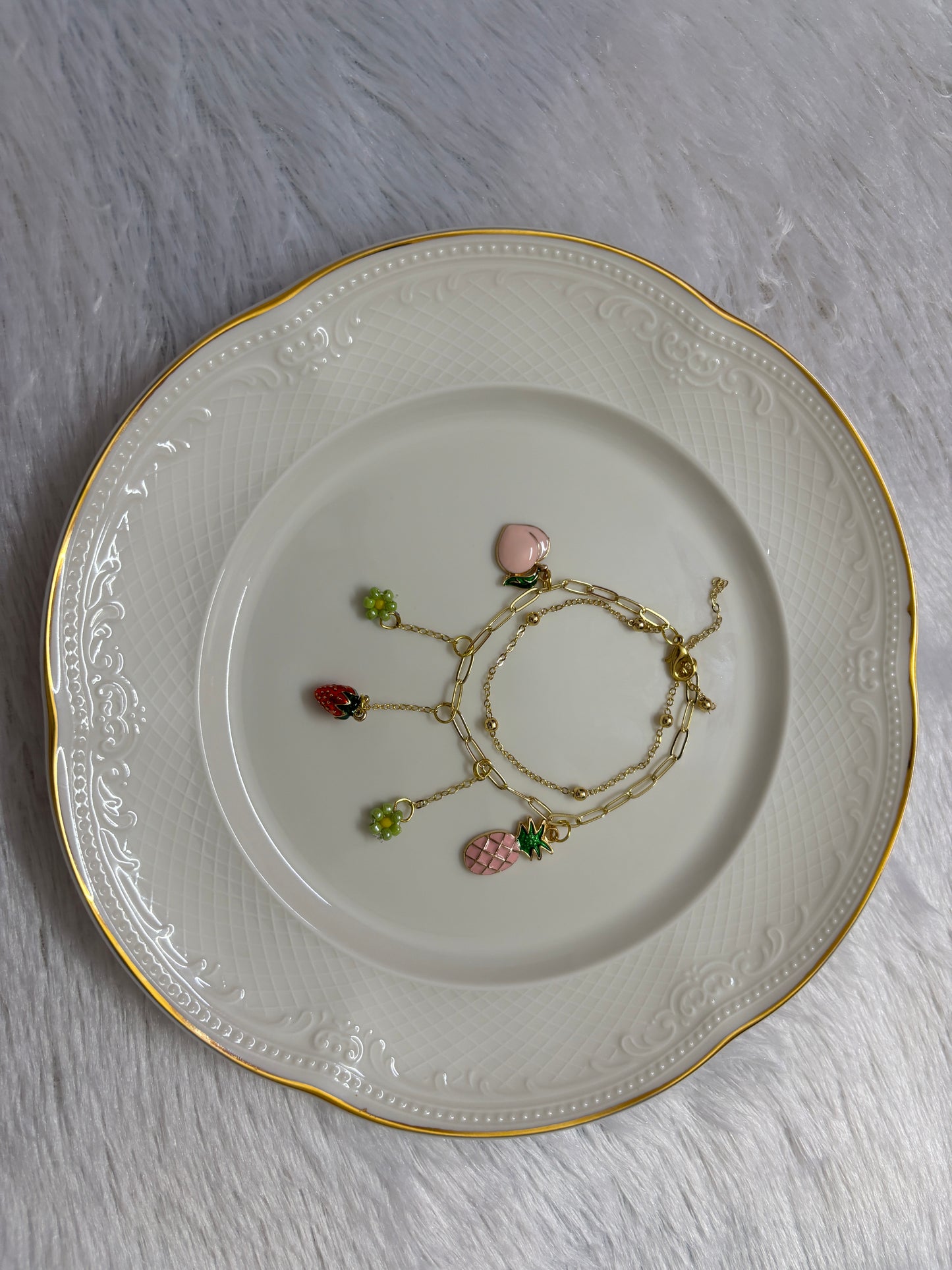 Anti-Tarnish Golden Strawberry & Floral Charm Chain Bracelet | Cute Fruit Jewellery for Girls – Ridhapearls