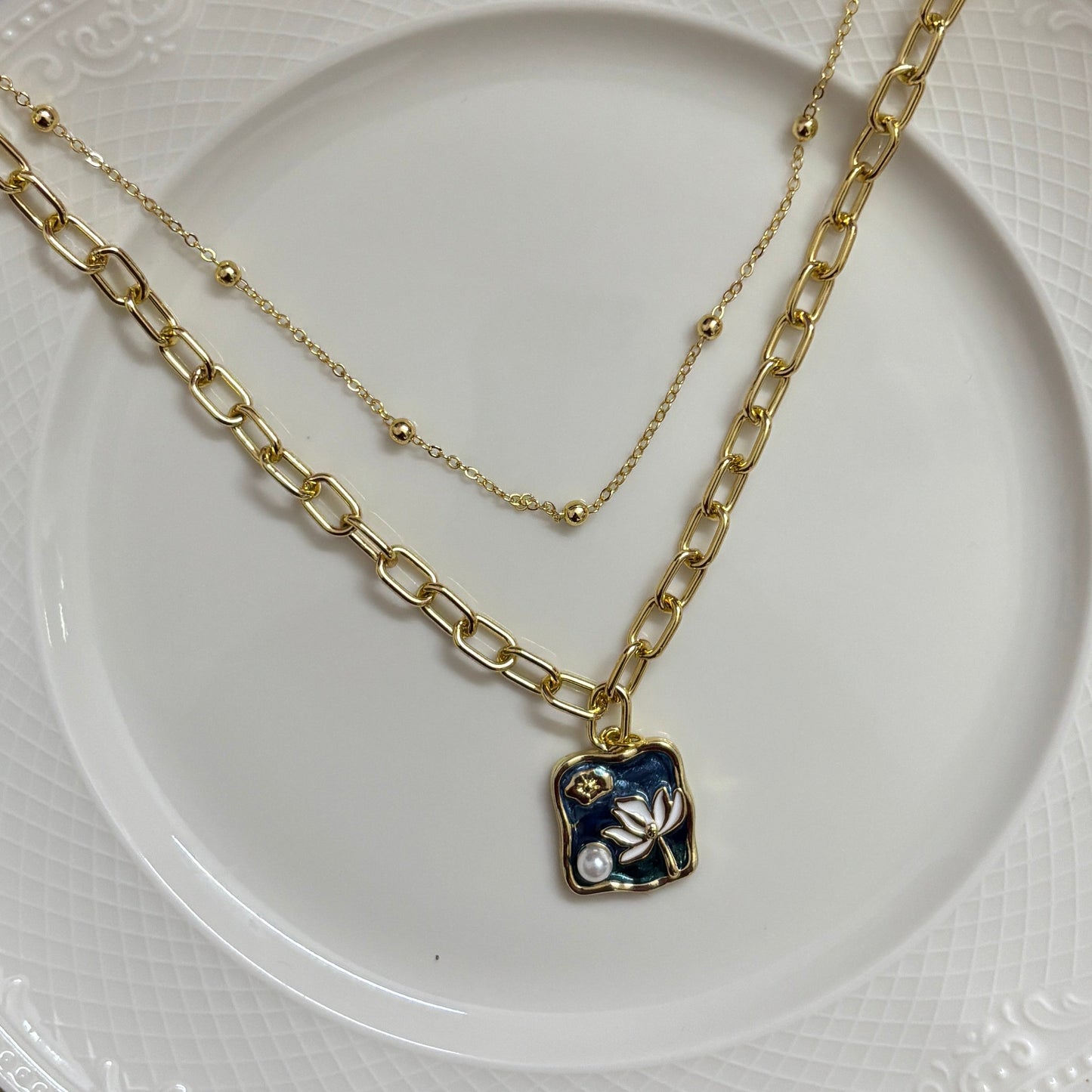 Anti-Tarnish Golden Blue Floral Charm Chain Necklace | Waterproof Aesthetic Jewellery for Girls – Ridhapearls