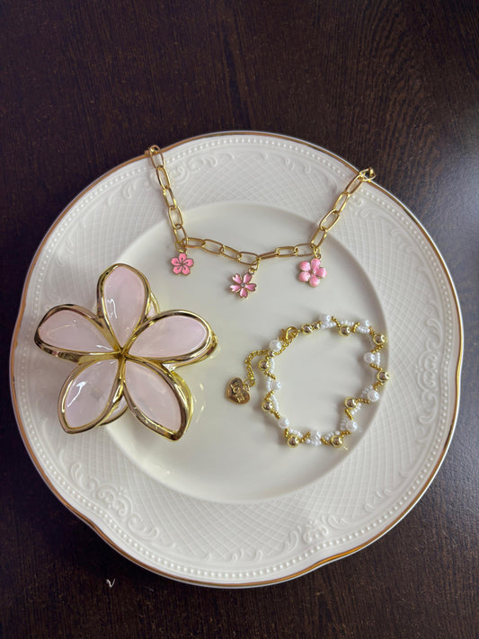 Pink Floral Charm Necklace & Pearl Bracelet Gift Set | Cute Korean Style Jewellery for Girls