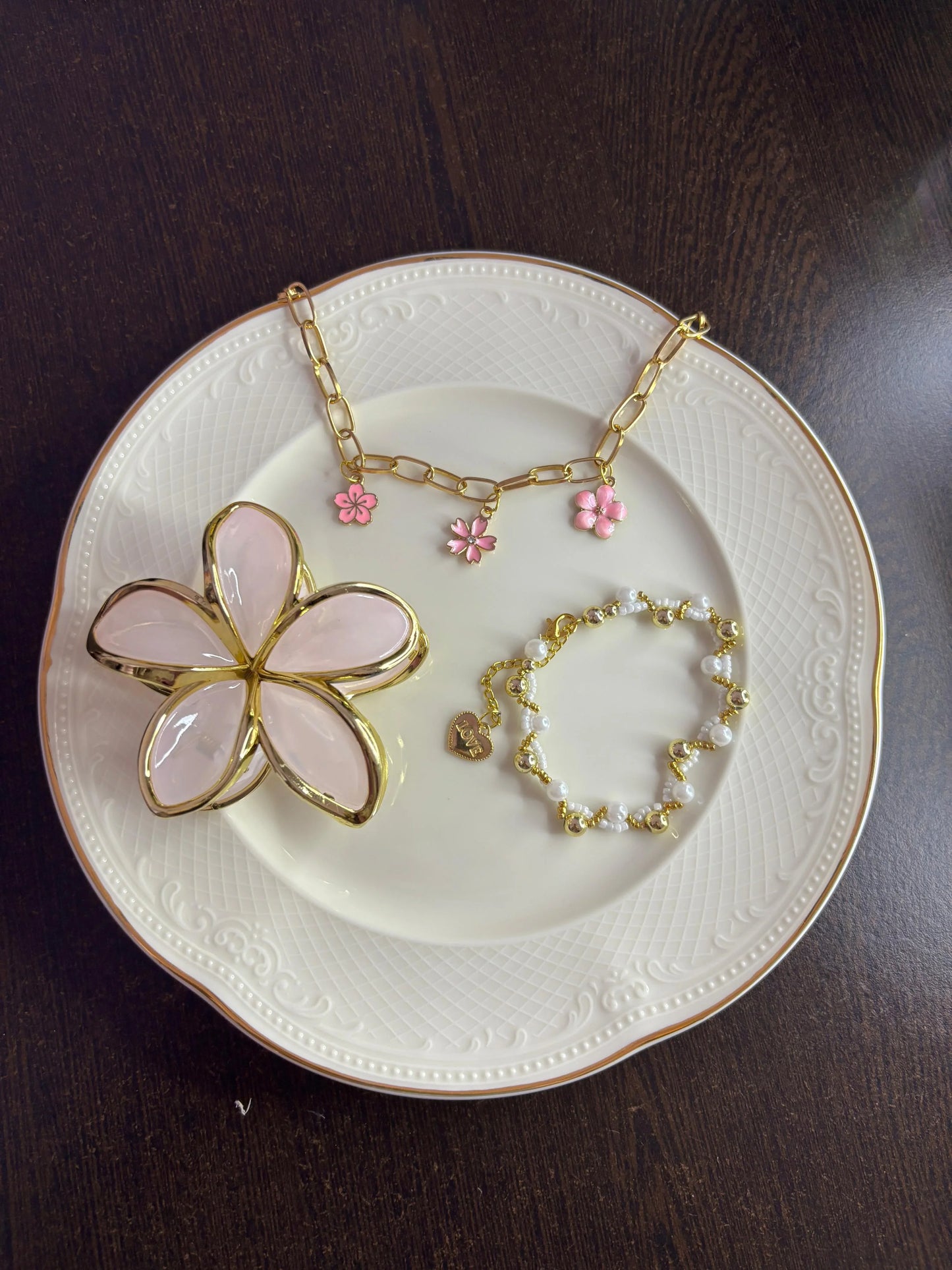 Pink Floral Charm Necklace & Pearl Bracelet Gift Set | Cute Korean Style Jewellery for Girls