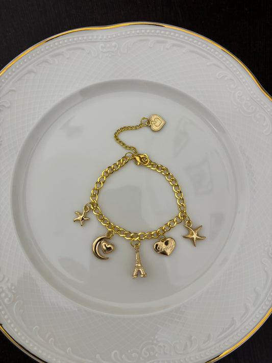 Anti Tarnish Paris Charms Bracelet for Women | Luxury Golden Charm Bracelet | Waterproof Jewellery | Ridha Pearls
