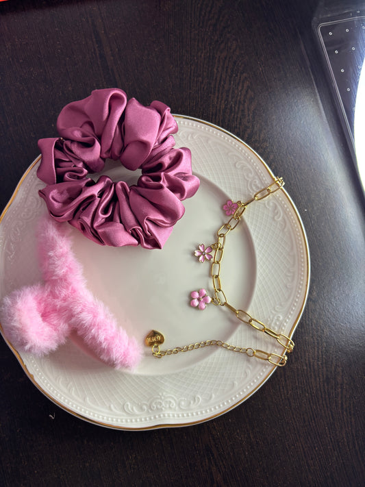 Ridhaperls Pink Gift Combo –Pink Bracelet, Pink Charm Bracelet & Scrunchie Gift Set