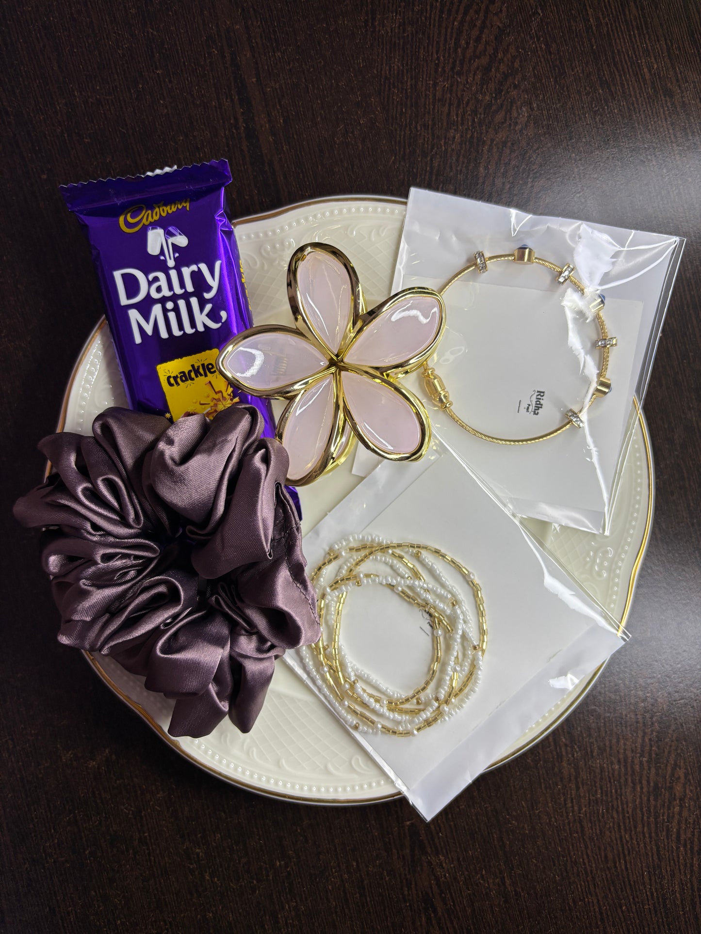Ridhapearls Pink Floral Gift Combo – Bracelets, Scrunchie & Chocolate Surprise