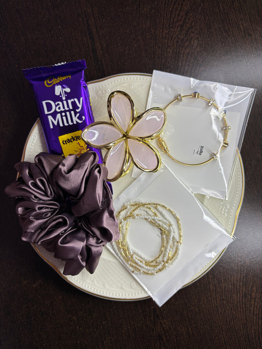 Ridhapearls Pink Floral Gift Combo – Bracelets, Scrunchie & Chocolate Surprise
